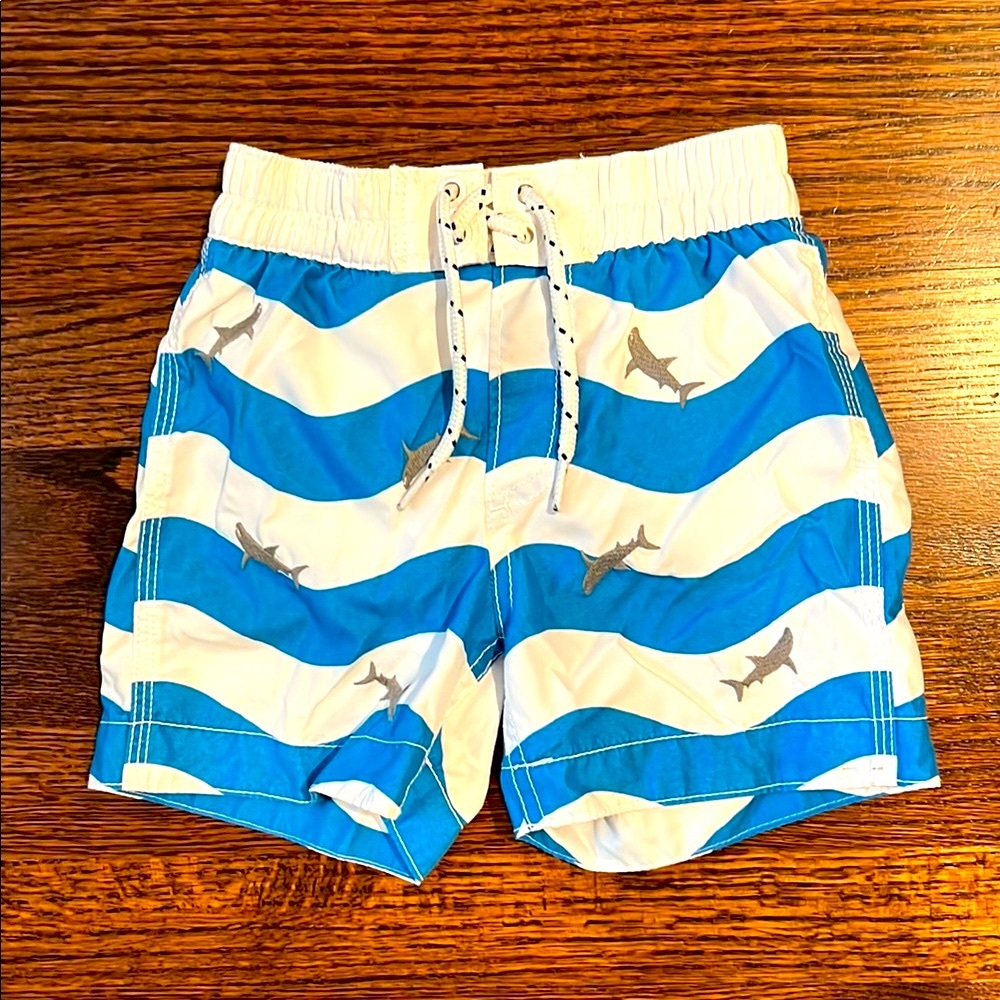 GAP Blue and White Swim Trunks Stripes with Sharks